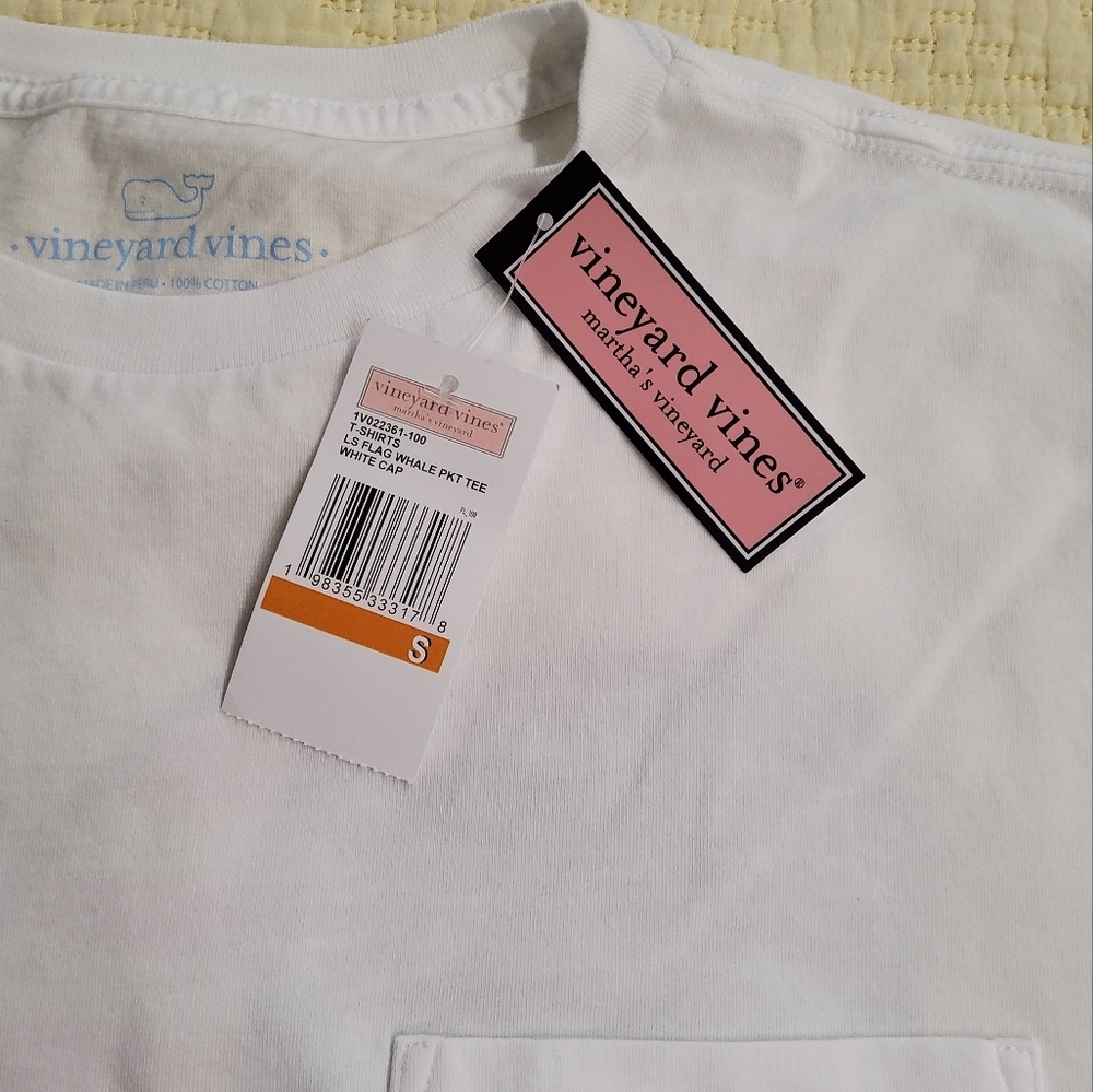 Vineyard Vines White Long Sleeve Flag Whale Pocket Tee Size S - Picture 2 of 13